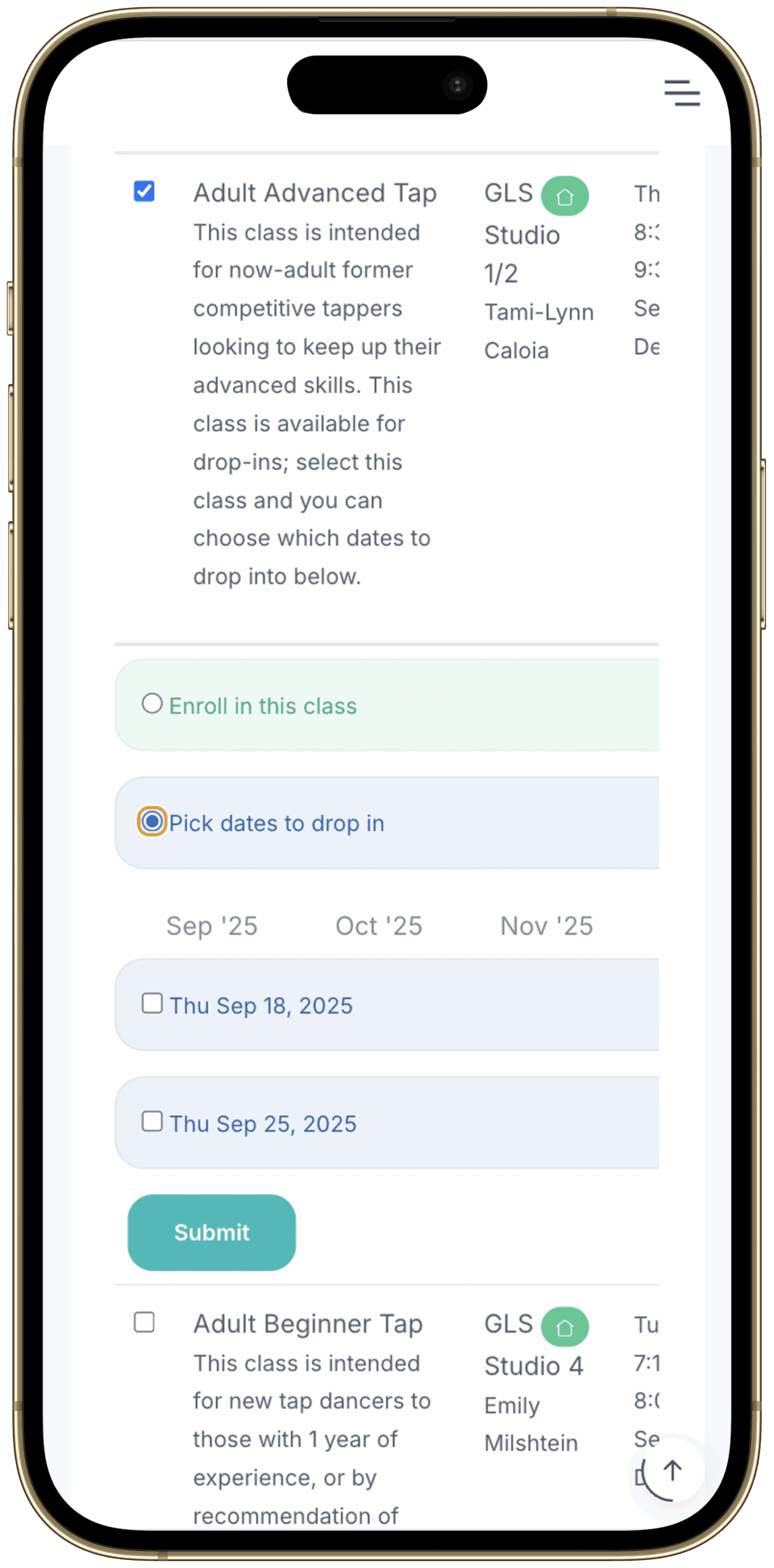 Greta Leeming Dance - iPhone mockup adult drop-in in parent portal final Greta Leeming Dance - iPhone mockup adult drop-in in parent portal final